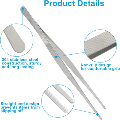3-Pack Long Tweezers, 8", 10", 12" | Precision Serrated Straight Tips, 304 Stainless Steel, Non-slip, For Cooking, Repair & Garden Use