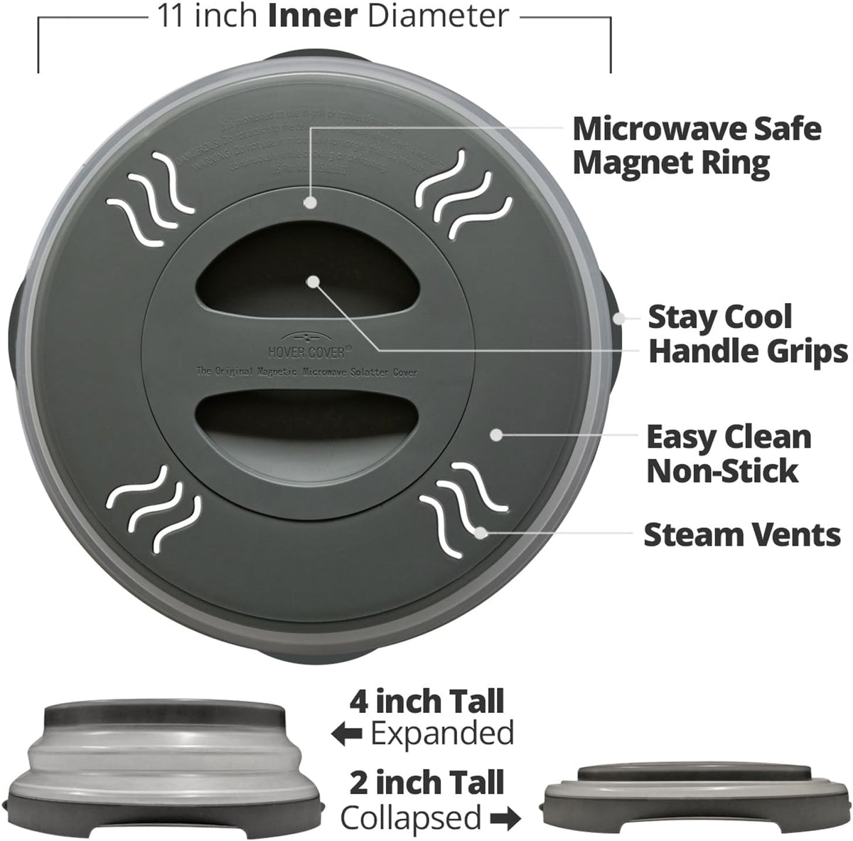 HOVER COVER Magnetic Microwave Splatter Cover - 12-Inch Collapsible - Gray