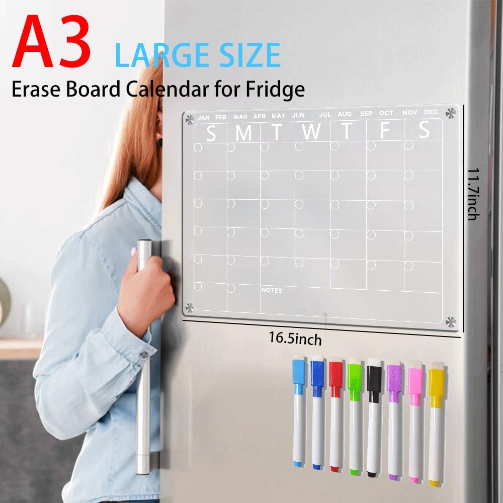 4Pcs Fridge Calendar Set, Clear Magnetic Dry Erase Daily, Weekly, Monthly Planners & Menu Board, w/ 2 Packs of 8 Markers
