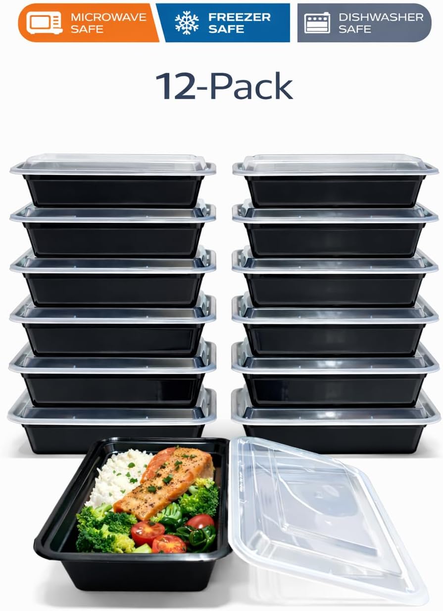 4U'LIFE 28 oz [Pack of 12] 2-Compartment Meal Prep Containers, Bento Boxes With Clear Lids
