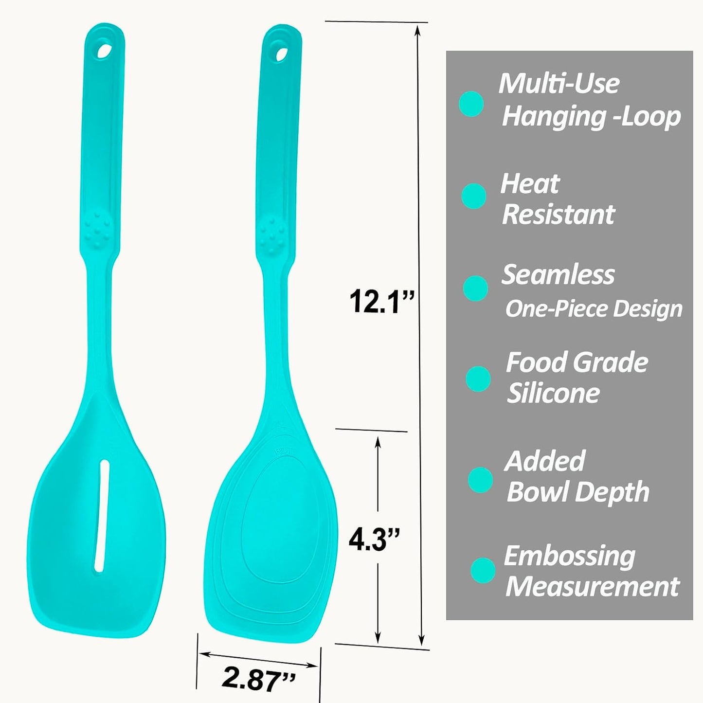 Large Silicone Cooking Spoon, Non-Stick Solid Spoon set with Deep Bolw and Measurement Mark for Mixing, Serving, Draining, Scooping, Scraping, Heat Resistant Kitchen Utensils, Black