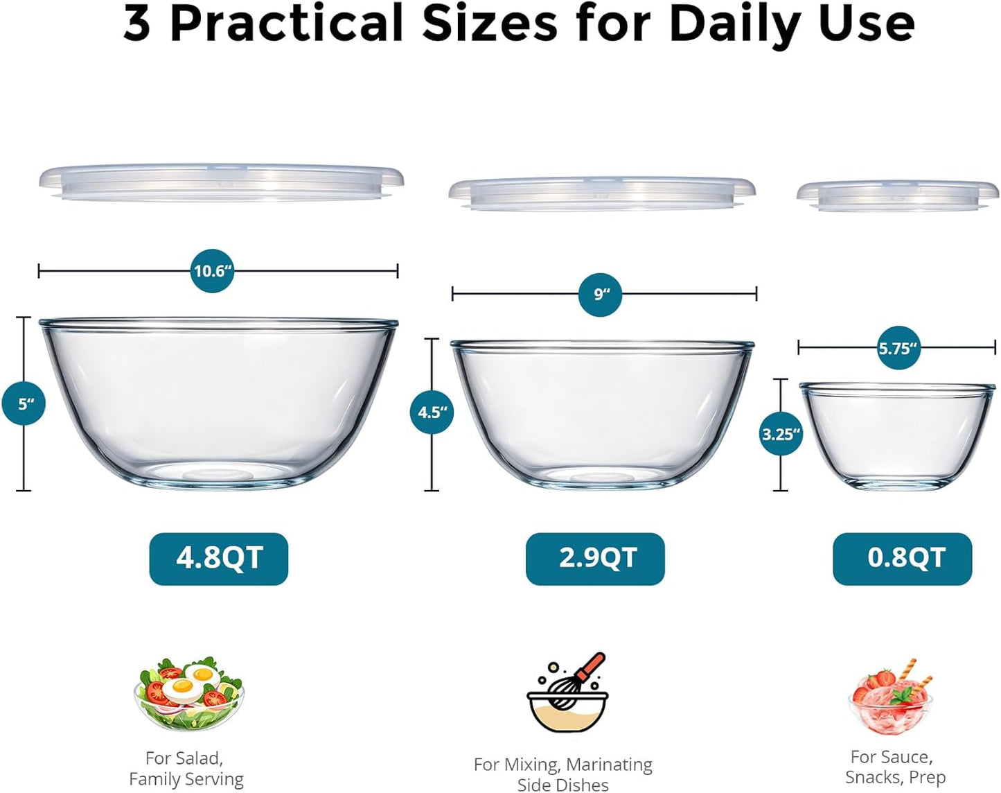E-far Glass Mixing Bowls with Airtight Lids Set of 3, 4.8,2.9,0.8 Qt Clear Glass Salad Bowls for Cooking Prep Baking Serving, Large Nesting Bowls for Storage Sourdough Proofing, Dishwasher Safe