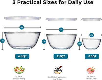 E-far Glass Mixing Bowls with Airtight Lids Set of 3, 4.8,2.9,0.8 Qt Clear Glass Salad Bowls for Cooking Prep Baking Serving, Large Nesting Bowls for Storage Sourdough Proofing, Dishwasher Safe