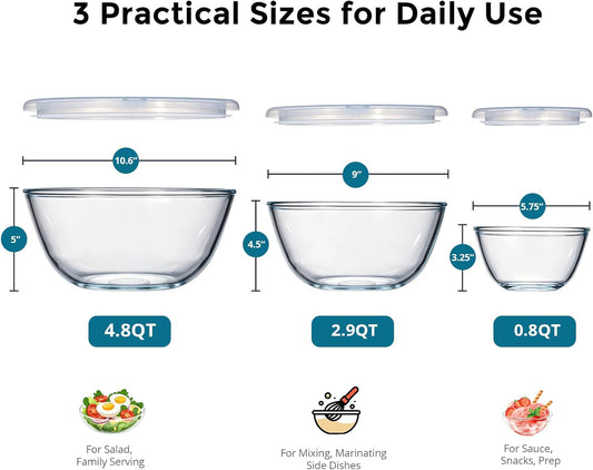 E-far Glass Mixing Bowls with Airtight Lids Set of 3, 4.8,2.9,0.8 Qt Clear Glass Salad Bowls for Cooking Prep Baking Serving, Large Nesting Bowls for Storage Sourdough Proofing, Dishwasher Safe