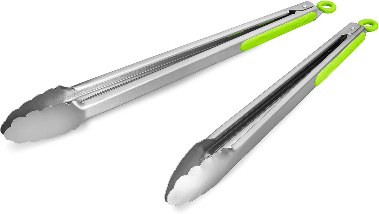 304 Stainless Steel Kitchen Cooking Tongs, 9" and 12" Set of 2 Sturdy Grilling Barbeque Brushed Locking Food Tongs with Ergonomic Grip, Black