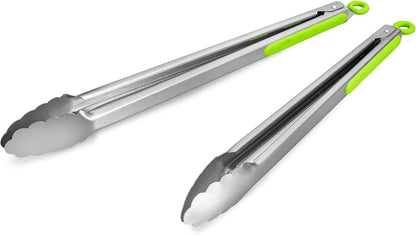 304 Stainless Steel Kitchen Cooking Tongs, 9" and 12" Set of 2 Sturdy Grilling Barbeque Brushed Locking Food Tongs with Ergonomic Grip, Black