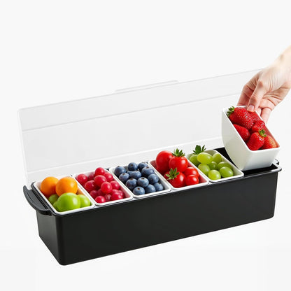 Large Ice Chilled Condiment Caddy，Chilled Condiment Containers Server with Lids for 5 Removable Compartments ，Serving Platters , Fruit & Garnish Tray for Party Supplies & Bar Accessories-Transparent