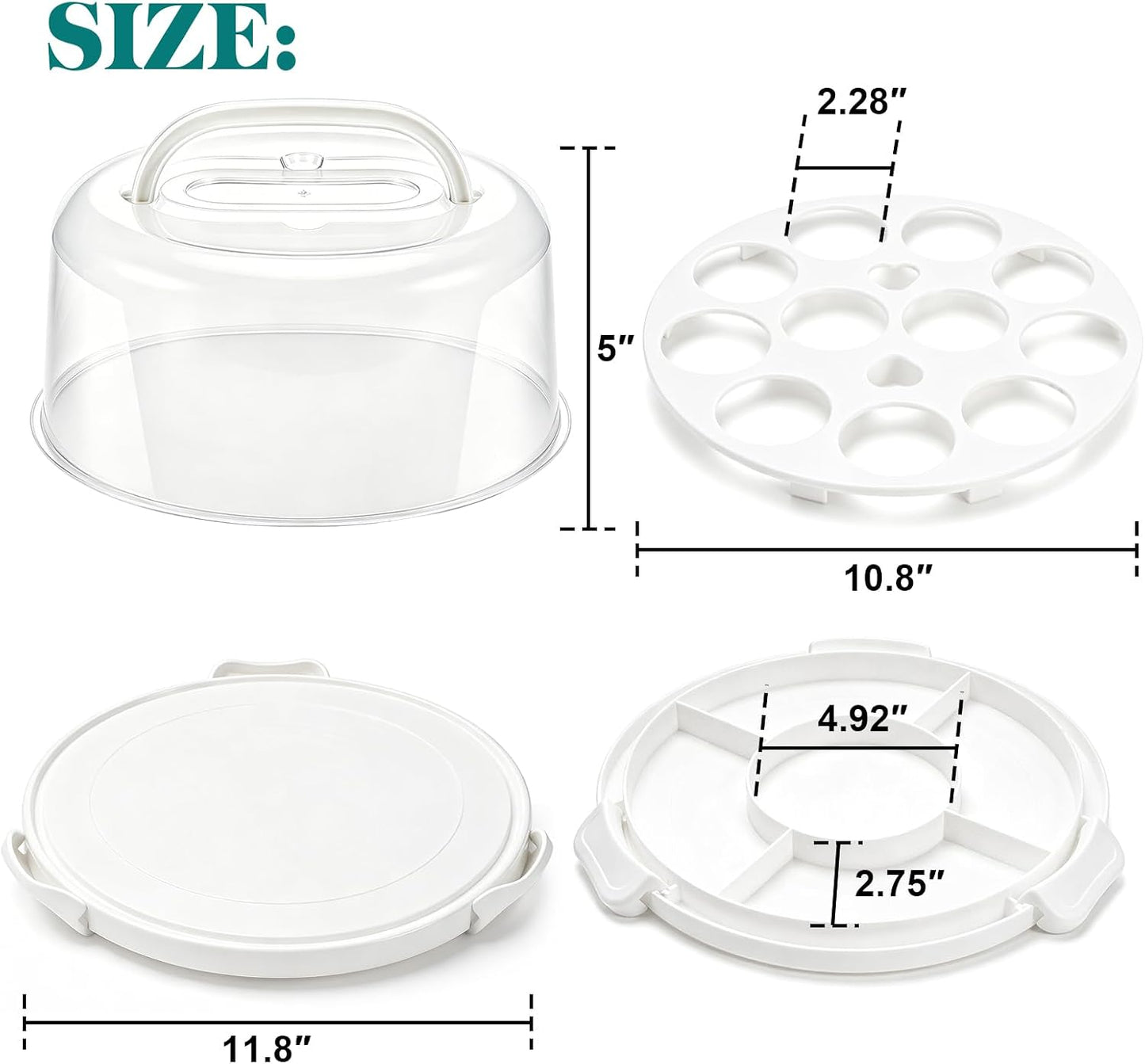Yesland Cake Carrier with Collapsible Handle - White Cake Container and Holder with Lid - Portable Plastic Round Cake Cover for 10 inch Cake, Pies, Cookies, Nuts, Muffins, Cupcakes and Fruit