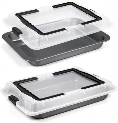 Qinyoung 1 Pcs Cake Baking Pan with Lid and Handle, 9 x 13 Inch Non-stick Rectangle Sheet Cake Pan Carrier for Brownie Roasting Cooking Baking (Black)