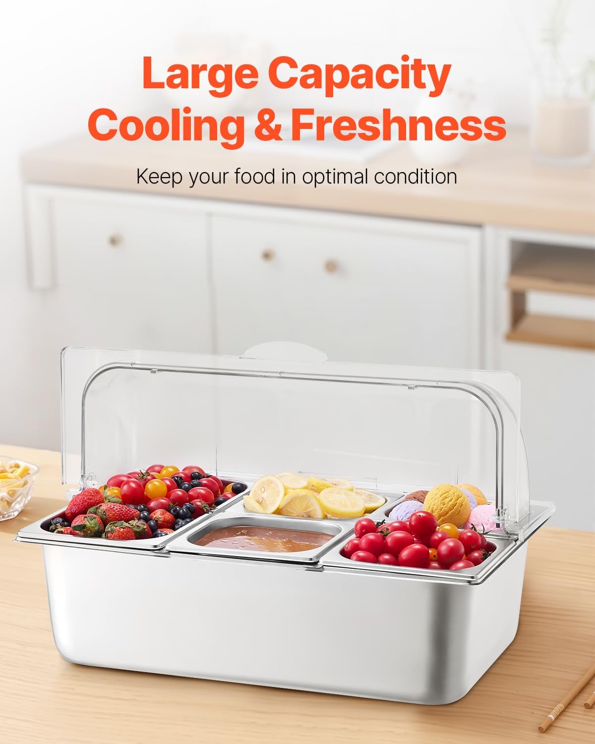 VEVOR Chilled Condiment Server Caddy, 5 Compartment Ice Cooled Serving Container, Plastic Fruit Garnish Tray Platter with Lid, for Taco Salad Bar Accessories, Party Home Restaurant Supplies
