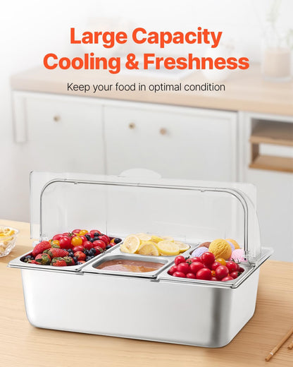 VEVOR Chilled Condiment Server Caddy, 5 Compartment Ice Cooled Serving Container, Plastic Fruit Garnish Tray Platter with Lid, for Taco Salad Bar Accessories, Party Home Restaurant Supplies