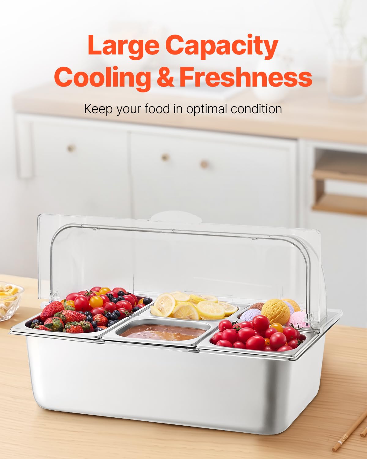 VEVOR Chilled Condiment Server, 4 Compartment Ice Cooled Condiment Serving Container, Chilled Garnish Tray Bar Caddy with Lid, for Bartending & Serving Taco, Salad, Fruit, Home & Restaurant Supplies