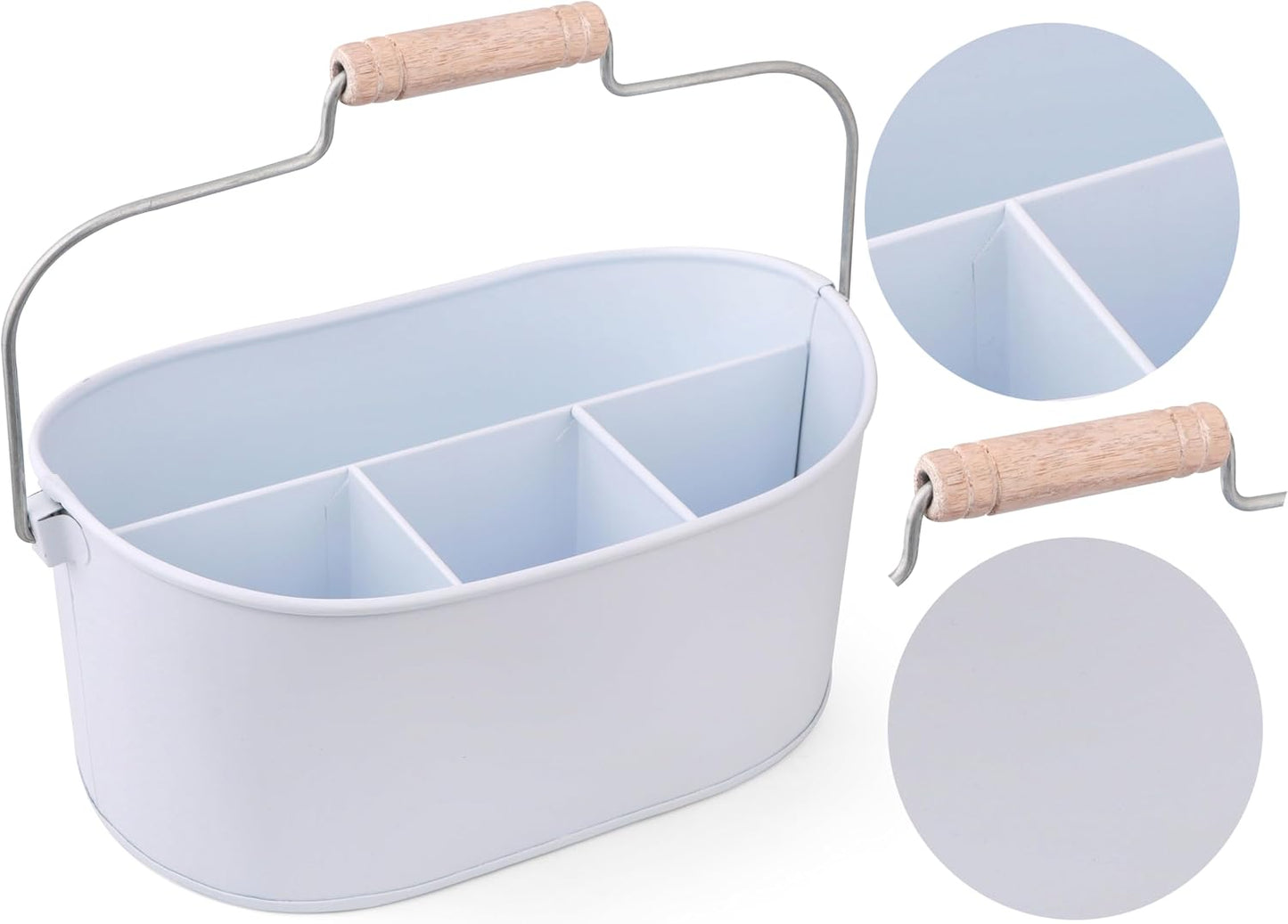 Alpha Living Home Galvanized Metal Utensil Caddy - Rustic Farmhouse Organizer Metal Garden Caddy with 4 Compartments and Wooden Handle for Kitchen, Buffet & Outdoor Events (Silver)