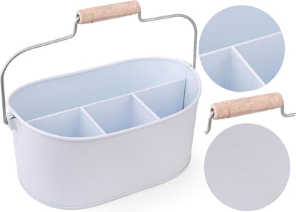 Alpha Living Home Galvanized Metal Utensil Caddy - Rustic Farmhouse Organizer Metal Garden Caddy with 4 Compartments and Wooden Handle for Kitchen, Buffet & Outdoor Events (Silver)