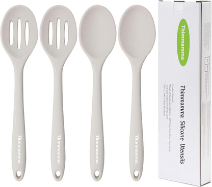 Silicone Cooking Spoon, Nonstick Kitchen Spoons for Cooking, Slotted and Solid Serving Spoon Heat Resistant, Silicone Mixing Spoons Basting for Nonstick Cookware 4 Pack