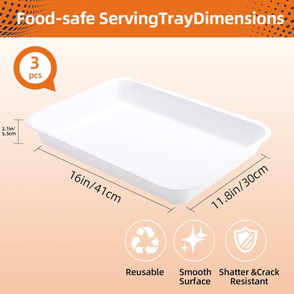 White Plastic Serving Trays (Set of 3) 16” x 11.8”, Large Reusable Rectangular Party Platters Serve Appetizers, Fruit, Veggies, Snack, Cookies, Desserts, in Kitchen/Pantry Organization