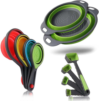Collapsible Colander Set - 2 Pc Strainer Plus Food Grade Silicone Measuring Cups and Spoons - Pasta Strainer for Draining, Vegetables, Fruits 1 Medium 4-Quart & 1 Small 2-Quart - Home Essentials