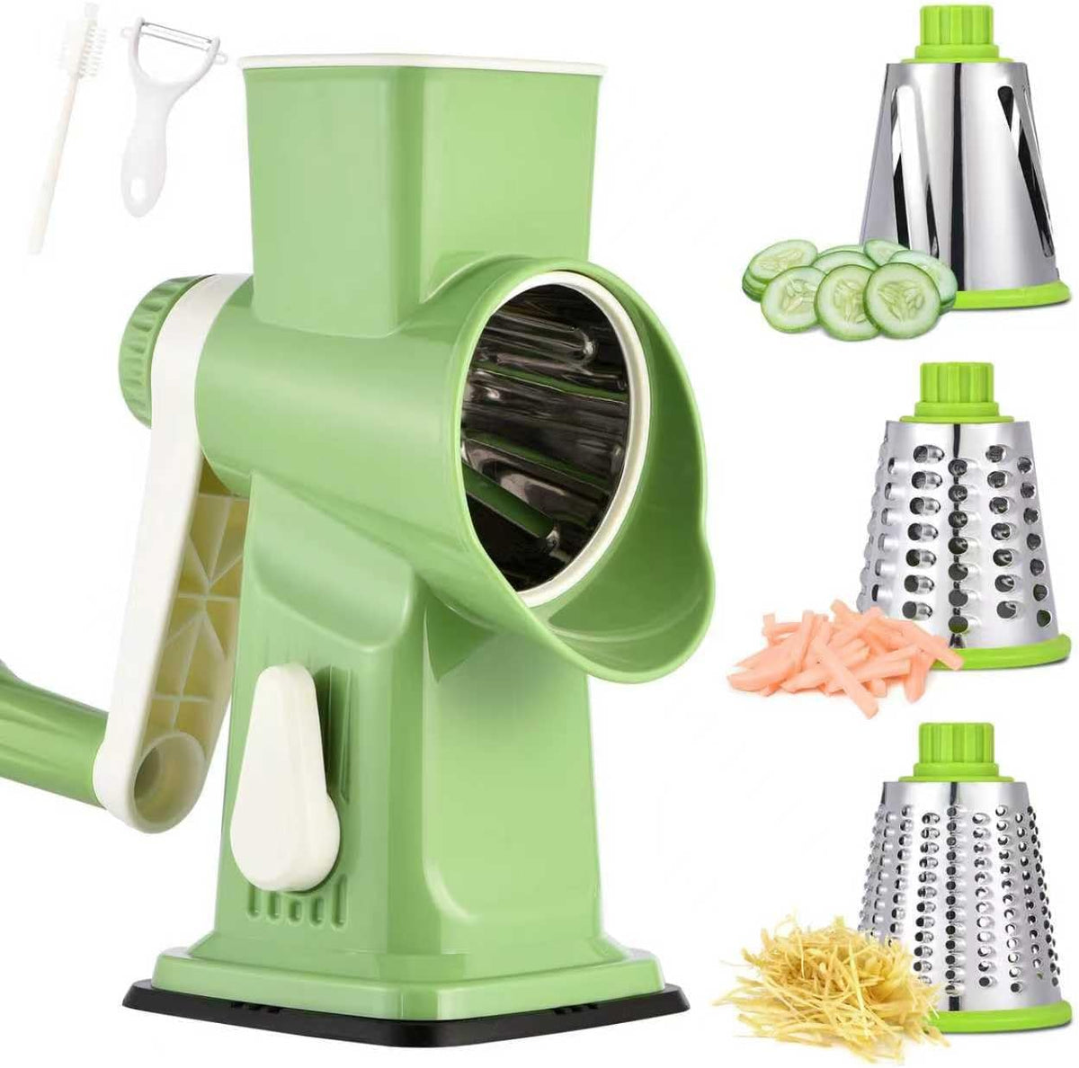 Rotary Cheese Grater with Handle Kitchen Shredder Slicer Grater Slicer Ice Shaver Cheese Vegetable Nuts Potato Zucchini Chocolate 3 Interchangeable Blades (GreyBlue