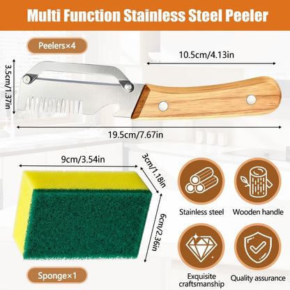 Multifunctional Vegetable Peeler with Bottle Opener Julienne | 4PCS, Stainless Steel, Wooden Handle, Fruit Potato Carrot Pumpkin, 3-in-1 Peeler