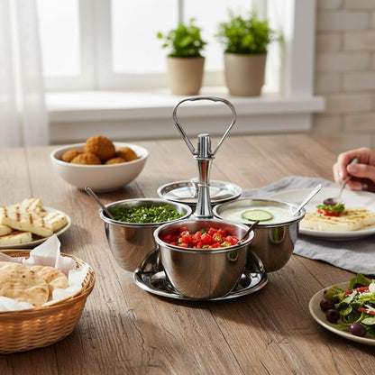 Soro Essentials- 3 Compartments Stainless Steel Relish Server 8 oz Capacity Per Cup- Serving Tray with Lid Condiment Server Condiment Serving Garnish Bar Container for Home Kitchen Restaurant