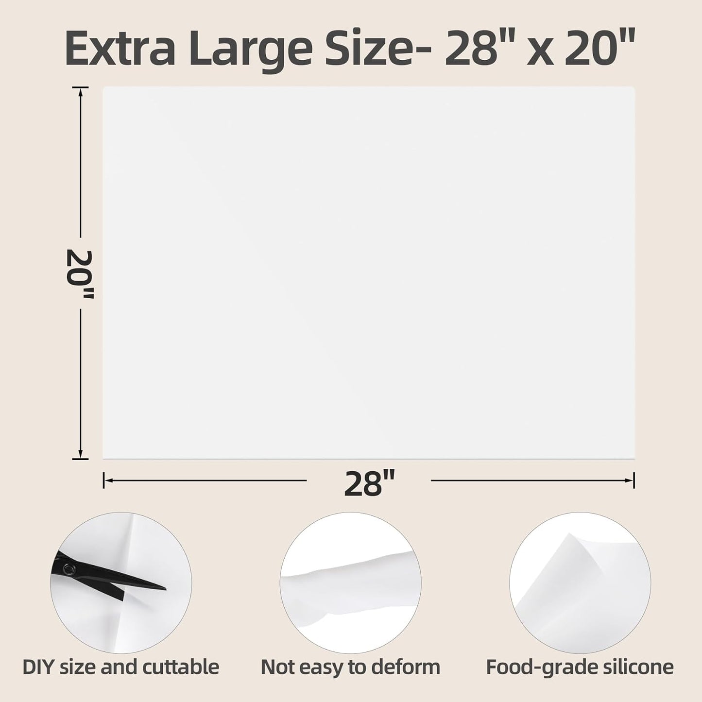 Silicone Mat with Edge Protection, 28" x 20" Large Kitchen Counter Protector Mat, Heat Resistant Desk Saver Pad for Craft Baking, Cut to Fit Placemat Non-Slip Easy to Clean Table Coffee Mat (White)