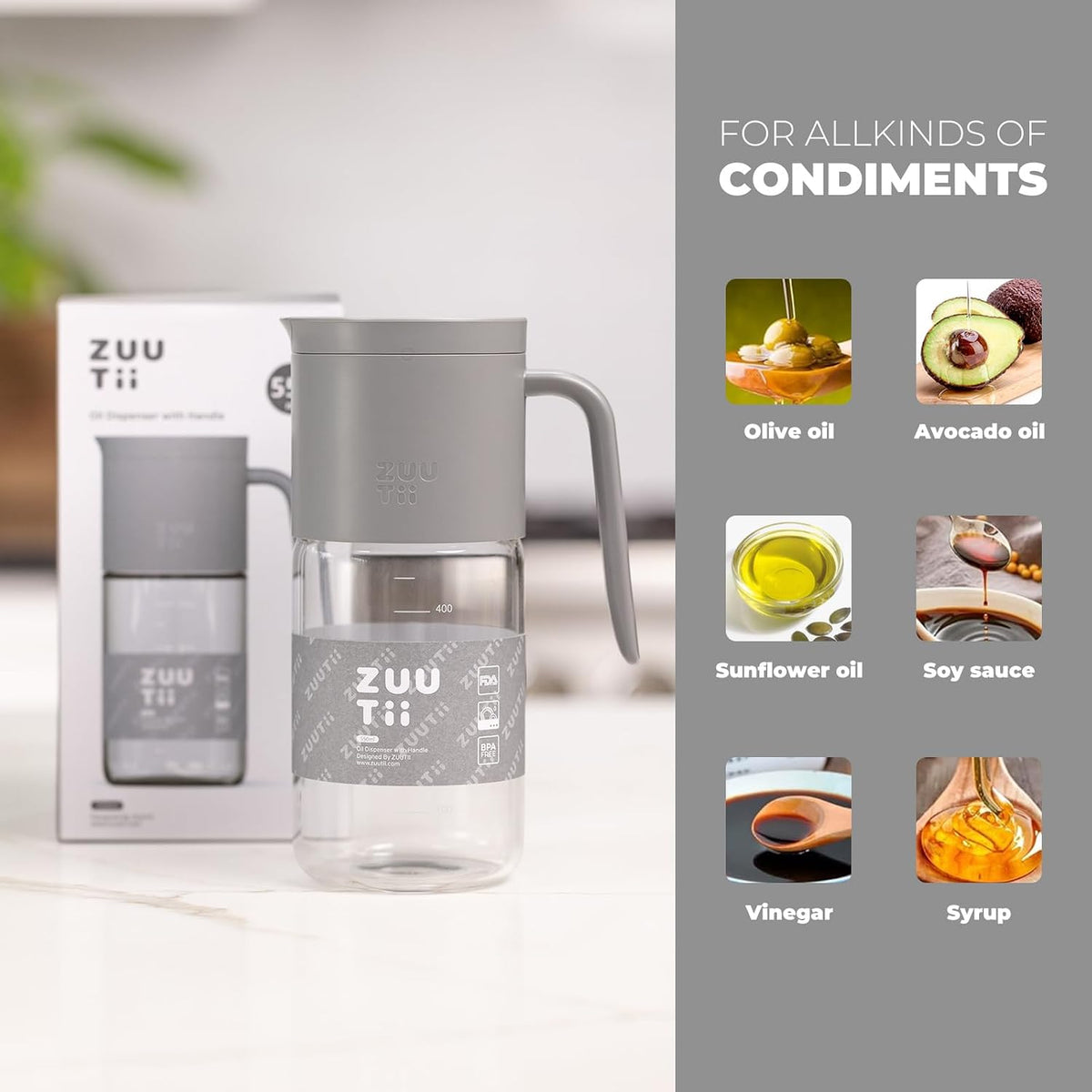 Zuutii Olive Oil Dispenser Bottle 18.6oz – Auto Flip Glass Vinegar Bottle with No-Drip Spout for Kitchen Cooking, Oil and Sauce Dispenser, Light Cream