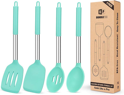 Pack of 4 Silicone Cooking Utensils Set, Non Stick Large Solid Spatulas, Heat Resistant Black Slotted Spoons, Ideal BPA Free Kitchen Turners for Frying, Mixing,Serving,Draining,Turning,Stirring