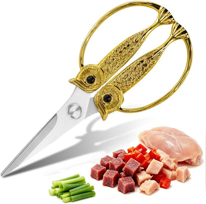 XSNBRD All Purpose Kitchen Scissors, Pearl Gold Stainless Owl Shears.