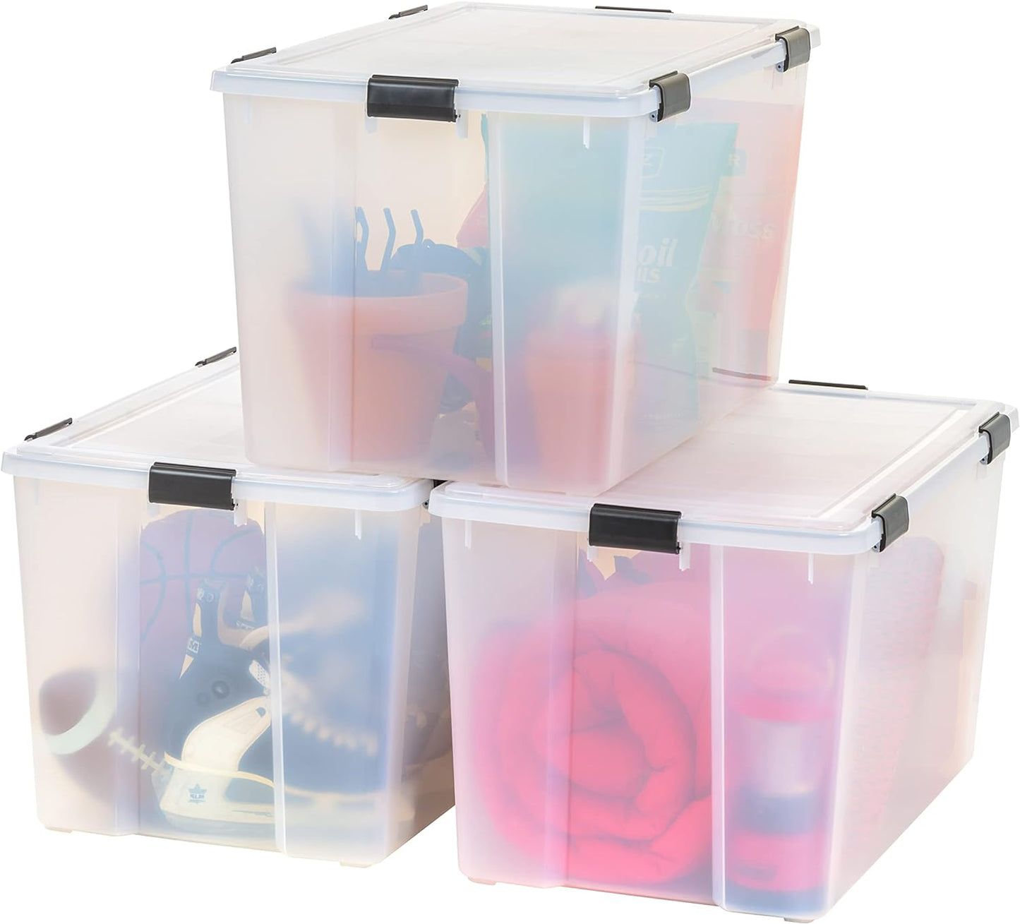 IRIS USA Storage Bins with Lids, WeatherPro Wheeled 106 Qt, Plastic, 3 Pack | Weather-tight gasket, wheels, and secure latches protect camping gear, tools, holiday décor, clothing, and documents.