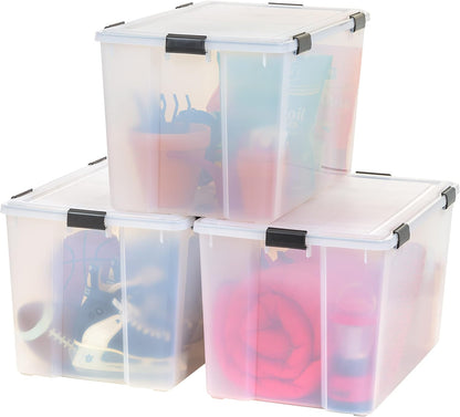 IRIS USA Storage Bins with Lids, WeatherPro Wheeled 106 Qt, Plastic, 3 Pack | Weather-tight gasket, wheels, and secure latches protect camping gear, tools, holiday décor, clothing, and documents.