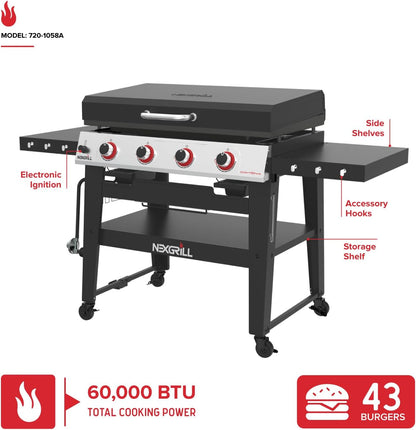 Nexgrill Daytona 4-Burner Propane Gas Griddle with Side Tables, 60000 BTU Flat Top Grill, 756 SQ In. Hot-Rolled Steel Cooking Space, Outdoor Cooking Barbeque, Black/Silver - 720-1058A