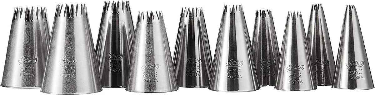 HIC Kitchen Ateco 870 - 10 Piece French Star Tube Set, Stainless Steel Pastry Tips, Sizes 0 - 9