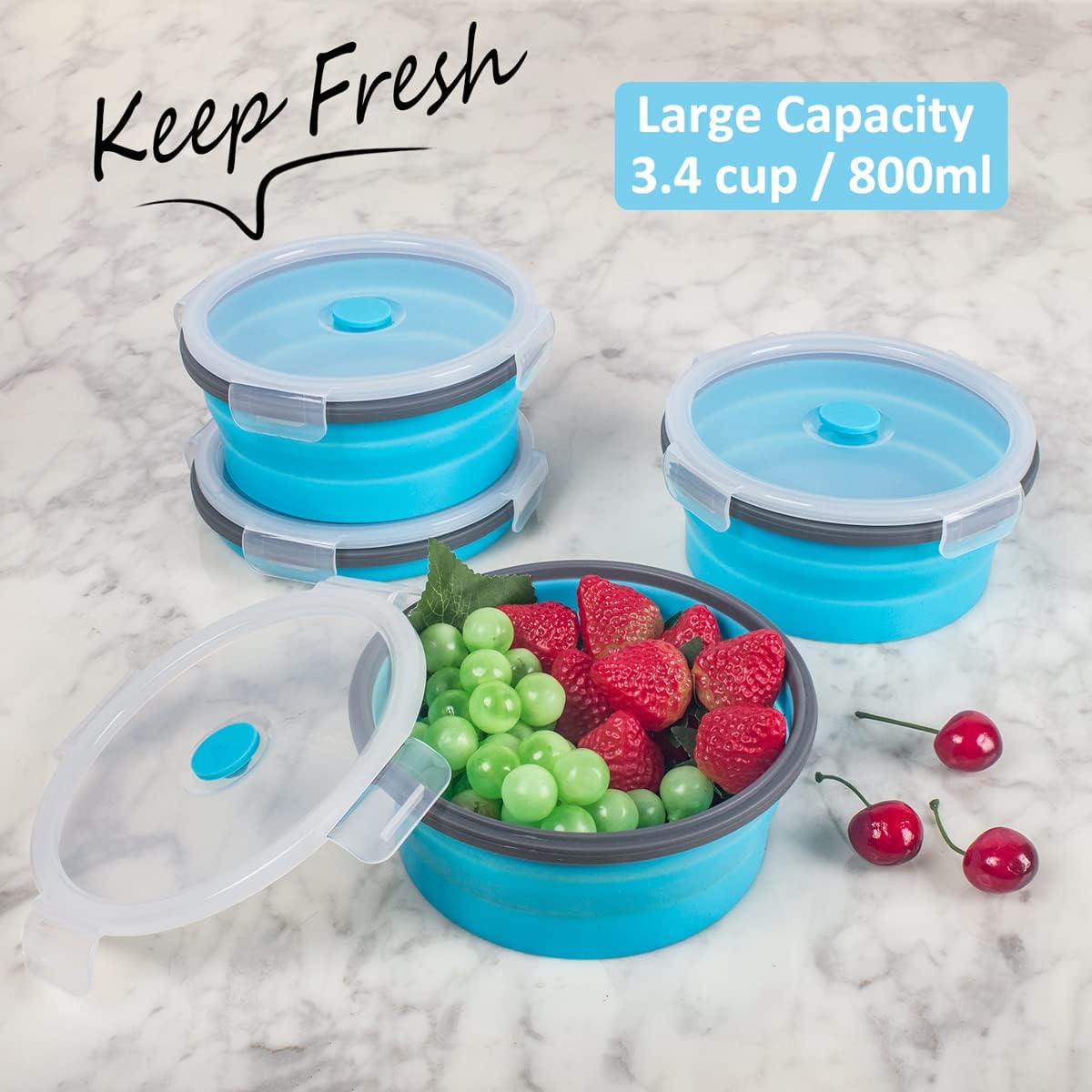 Collapsible Food Storage Containers with Lids, 4 Pack, 40 oz Silicone 1-Compartment Meal Prep Containers Reusable, Lunch Bento Boxes for Adults, Microwave Freezer Dishwasher Safe, BPA-Free, Black