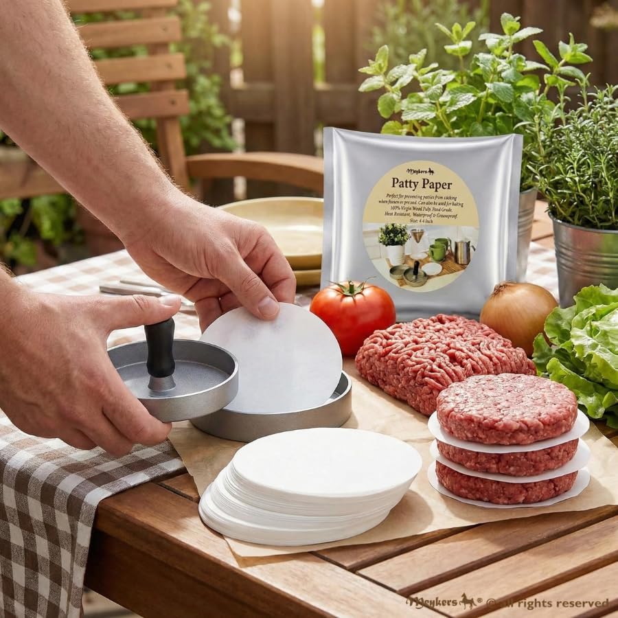 Meykers Patty Paper Sheets for 4/4.5 Inch Burger Press | 500 pcs Round | Hamburger Maker Non-Stick Heat Resistant Circle Wax Parchment Paper chaffle Cookie Cake Bake