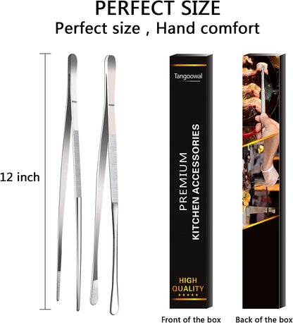 2 Pcs 12-Inch Cooking Tweezers Tongs,Extra-Long Stainless Steel Kitchen Tweezer Tongs - Black