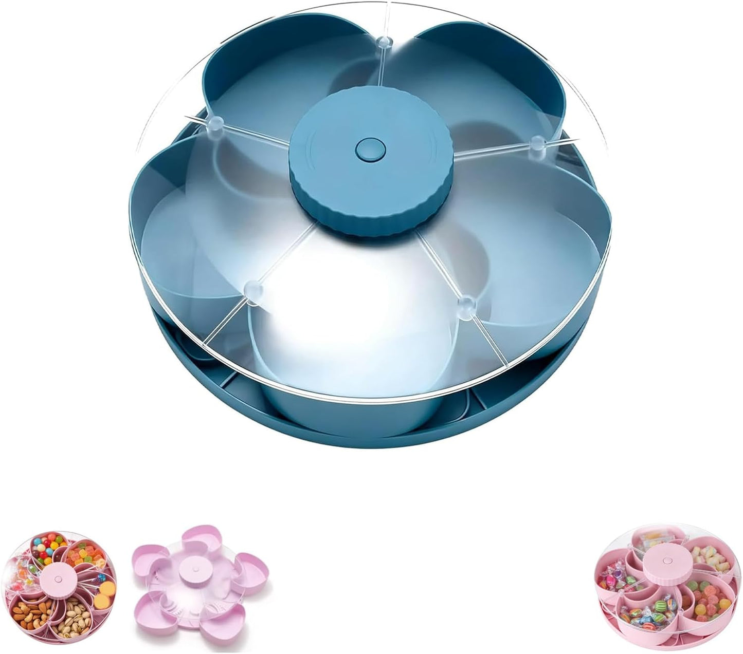 Divided Spin and Snack Serving Tray, Divided Serving Tray That Spins, Portable Travel Snackle Box with Rotating Cover, Multi-compartment Rotating Food Organizer, Spin-to-Open (A#)