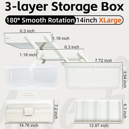 TERGOO 12.5in 3-Layer Multipurpose Craft Organizers and Storage with Adjustable Dividers, Portable Tackle Box, Folding Art & Craft Case for Medicine, Tool, Sewing Organizer (White)