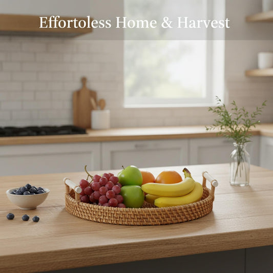 Hand Woven Rattan Basket with Wood Handle, Open Weave Storage Bin for Countertop Organization, Produce, and Snacks