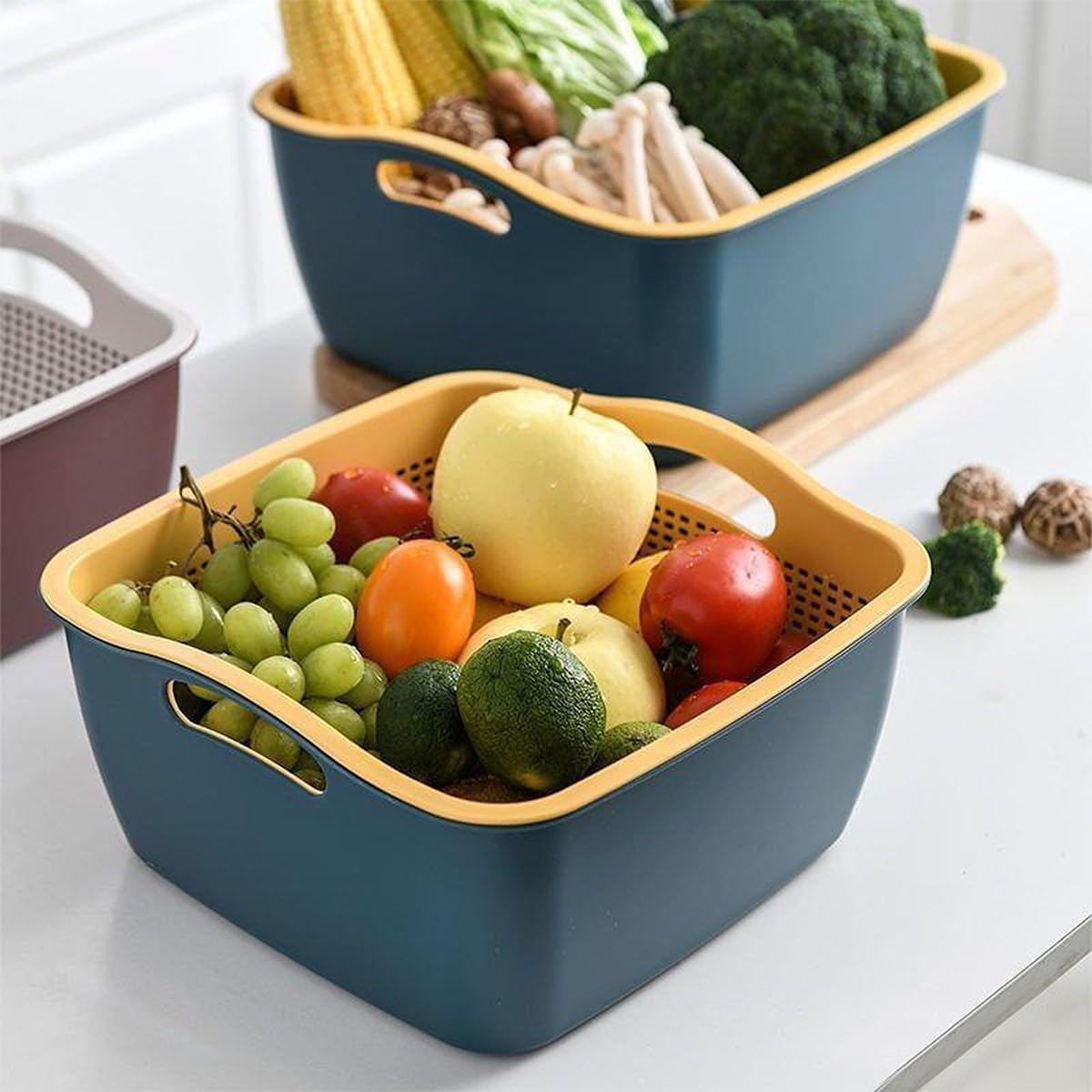 Double-layer Draining Basket Plastic Fruits & Vegetable Washing Basket for Kitchen (Blue)