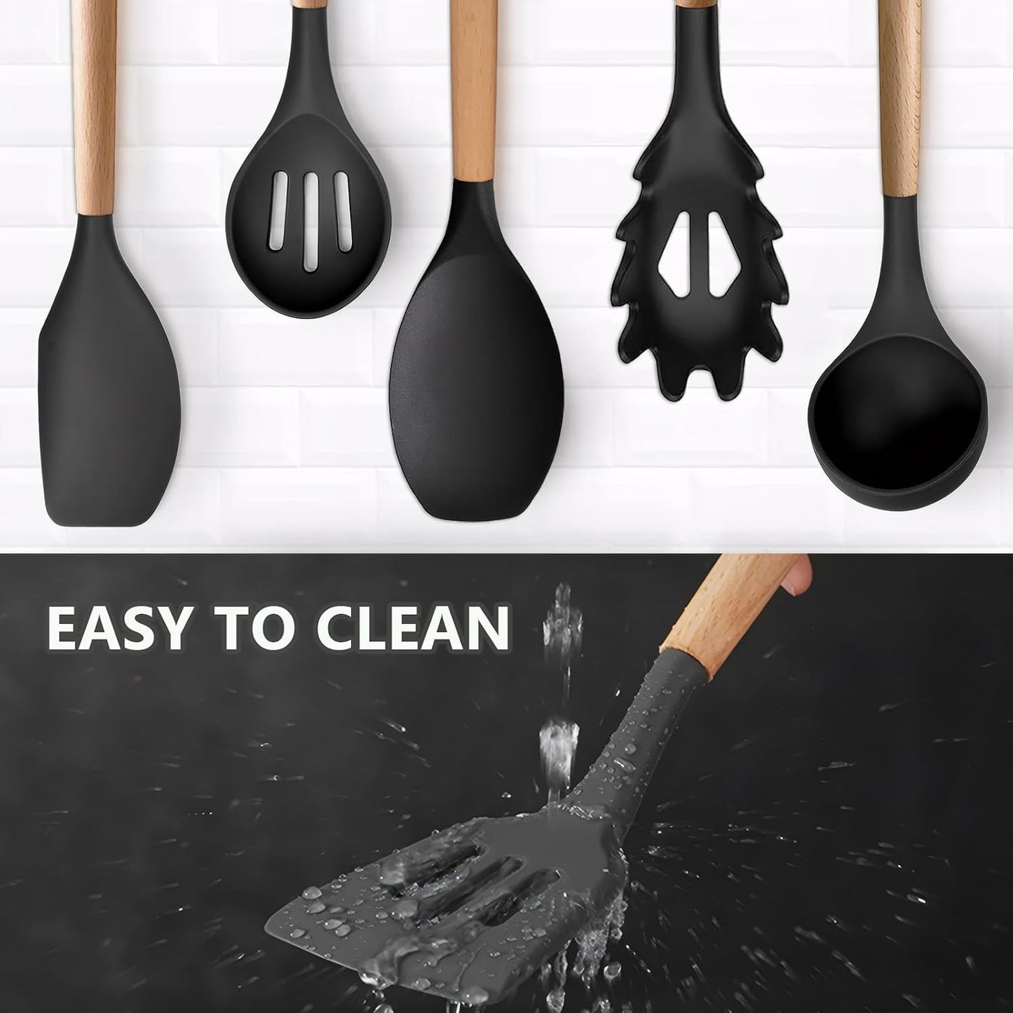 Kitchen Cooking Utensils Set, 6Pcs Silicone Kitchen Utensils Set Spatula Spoon Soup Ladle Turner, Heat Resistant Wooden Handle Silicone Cooking Gadgets for Nonstick Cookware & Baking BPA FREE