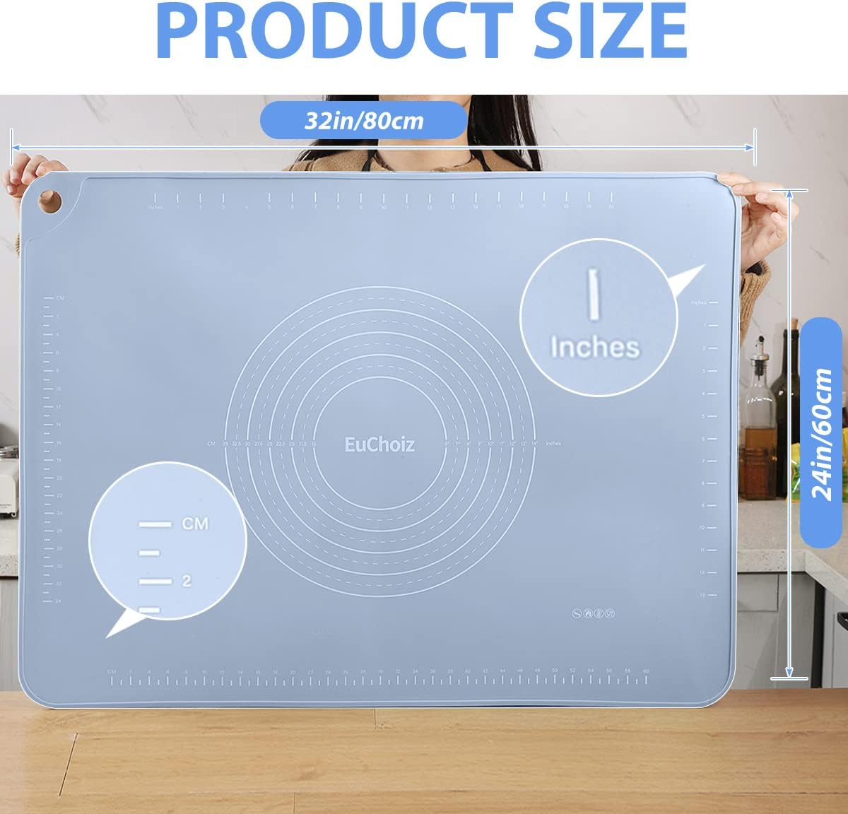 Silicone Pastry Mat 20"*16" Extra Thick Non Stick Baking Mat Food Grade Silicone Dough Rolling Bake Mat with Edge Heightening Blue
