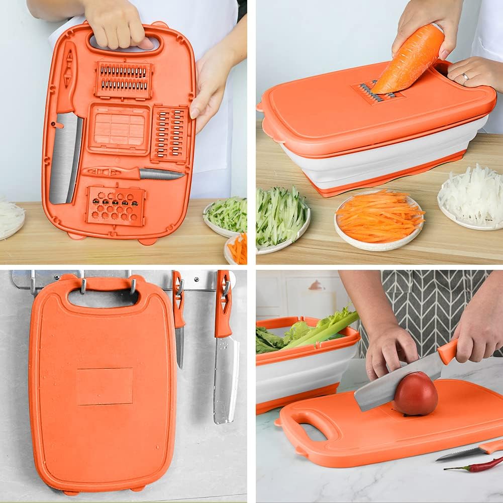 9-in-1Collapsible Cutting Board with Colander Wash Basket Camping RV Gift