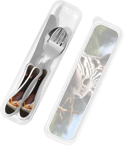 3-Piece Kids Silverware Set With Storage Case, Stainless Steel Reusable Children Safe Knife Spoon Fork Set African Lion Black And White Children Flatware Set For Kids Lunch Box
