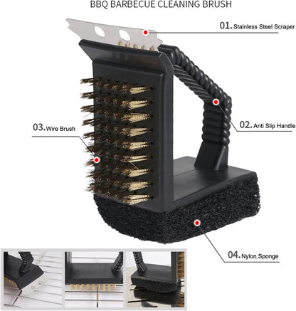 2 Pack Grill Brush and Scraper with Wire Bristles and Bristle-Free Scour 2 Side Brushes Handheld Short Handle Scrubber for Grill Grate Cleaner Cast Iron Charcoal Racks Grid BBQ Cooking Grates