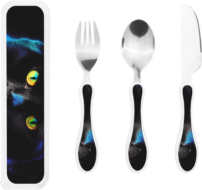 3-Piece Kids Silverware Set With Storage Case, Stainless Steel Reusable Children Safe Knife Spoon Fork Set Black And White Grid Children Flatware Set For Kids Lunch Box