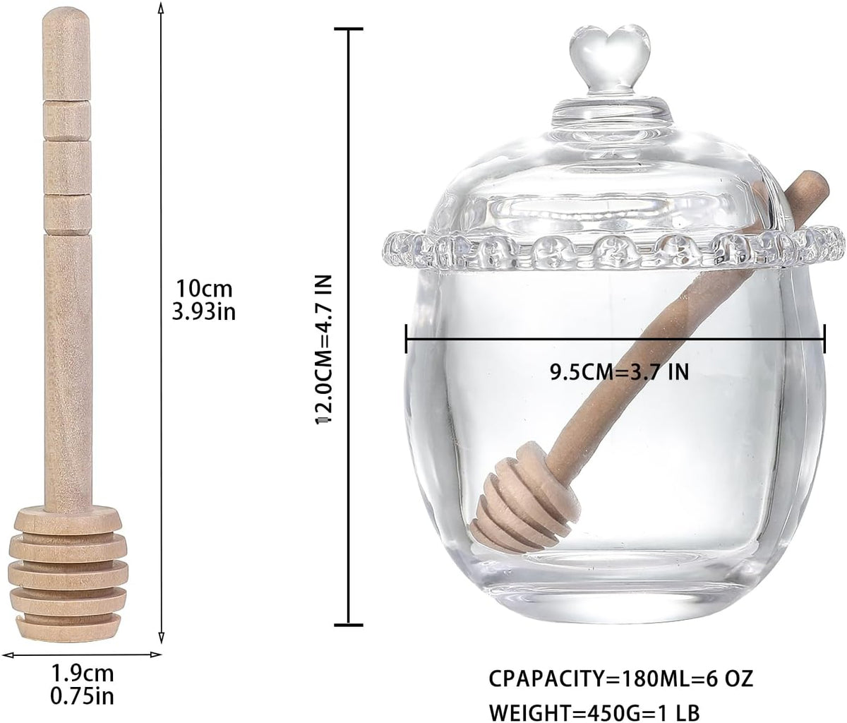 Honey Jars,9 oz Clear Glass Honey Pot Set with Dipper and Lid - Glass Honey Dispenser,Syrup Jar,Containers for Kitchen - Honeypot with Dipper Sticks - Honey Containers (Hexagon)