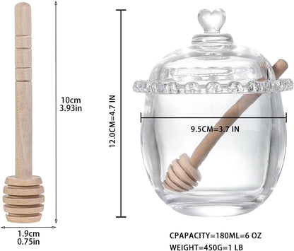 Honey Jars,9 oz Clear Glass Honey Pot Set with Dipper and Lid - Glass Honey Dispenser,Syrup Jar,Containers for Kitchen - Honeypot with Dipper Sticks - Honey Containers (Hexagon)