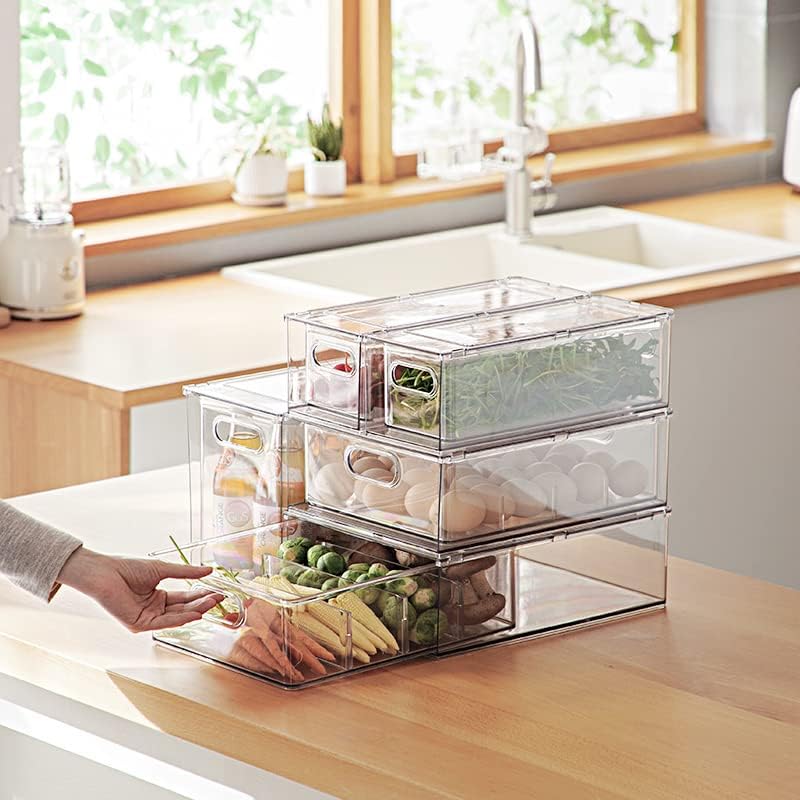 Abiudeng 2 Pack Stackable Refrigerator Organizer Bins with Pull-out Drawer, Drawable Clear Fridge Drawer Organizer with Handle, Plastic Kitchen Pantry Storage Containers