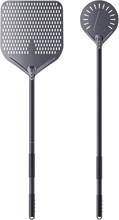 2 Piece Pizza Peel Set, 14 Inch Perforated Aluminum Pizza Peel with Long Handle, 9 Inch Round Turning Pizza Peel, Pizza Oven Utensil Kit for Homemade Pizza