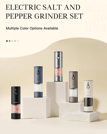 Stainless Steel Rechargeable Electric Salt and Pepper Grinder Set – USB Charging, One-Hand Electric Mill, Adjustable Coarseness, LED Light & Dust Cover –2pack(Greige & Buttercream)